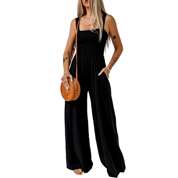 Pants - Black Smocked Sleeveless Wide Leg Jumpsuit with Pockets